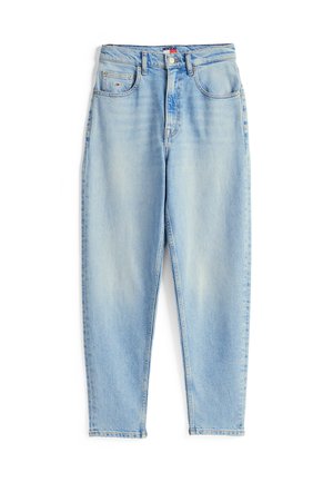 Lichtblauwe denim jeans met een rechte snit, vijf zakken en een ritssluiting. Verbleekte textuur over de gehele lengte met minimale stikseldetails.