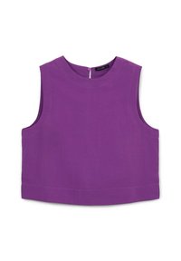 Top viola senza maniche realizzato in tessuto liscio, con scollatura tonda e chiusura a cerniera sul retro, con un orlo leggermente corto.