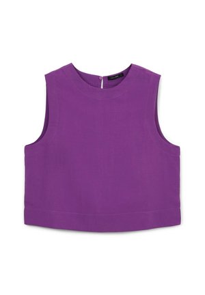 Top viola senza maniche realizzato in tessuto liscio, con scollatura tonda e chiusura a cerniera sul retro, con un orlo leggermente corto.