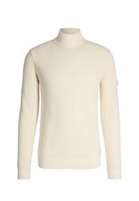 Sweter w kolorze off-white z wysokim kołnierzem, o fakturowanym splocie, z prążkowanymi mankietami i dołem, długimi rękawami oraz akcentem na lewym rękawie.