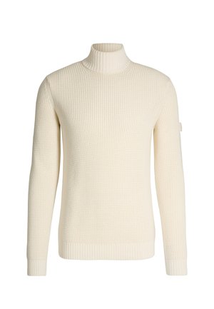 Cremefarbener Rollkragenpullover mit einem strukturierten Strickmuster, gerippten Bündchen und Saum, langen Ärmeln und einem Akzent am linken Ärmel.