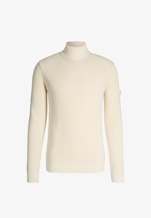 Cremefarbener Rollkragenpullover mit einem strukturierten Strickmuster, gerippten Bündchen und Saum, langen Ärmeln und einem Akzent am linken Ärmel.