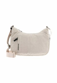Sac en velours côtelé beige avec bandoulière réglable, poche zippée à l'avant et tirettes noires, présenté sur fond blanc.