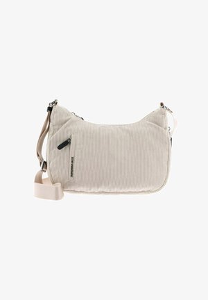 Sac en velours côtelé beige avec bandoulière réglable, poche zippée à l'avant et tirettes noires, présenté sur fond blanc.