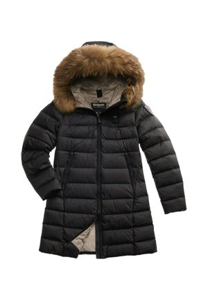 Giubbotto puffo nero con cappuccio foderato in pelliccia, dotato di chiusura con zip, design isolato e motivo trapuntato orizzontale. Interno beige.
