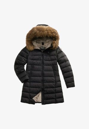Zwarte puffercoat met een met bont afgewerkte capuchon, voorzien van een ritssluiting, geïsoleerd ontwerp en horizontaal gestikte patroon. Binnenkant is beige.