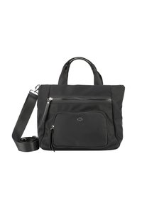 Borsa tote in nylon nero con tracolla rimovibile, doppi manici superiori, tasca frontale con zip e dettagli logo discreti. Texture liscia, forma rettangolare.
