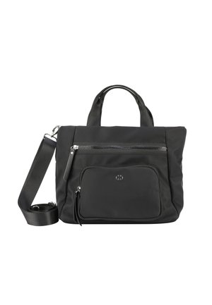 Borsa tote in nylon nero con tracolla rimovibile, doppi manici superiori, tasca frontale con zip e dettagli logo discreti. Texture liscia, forma rettangolare.