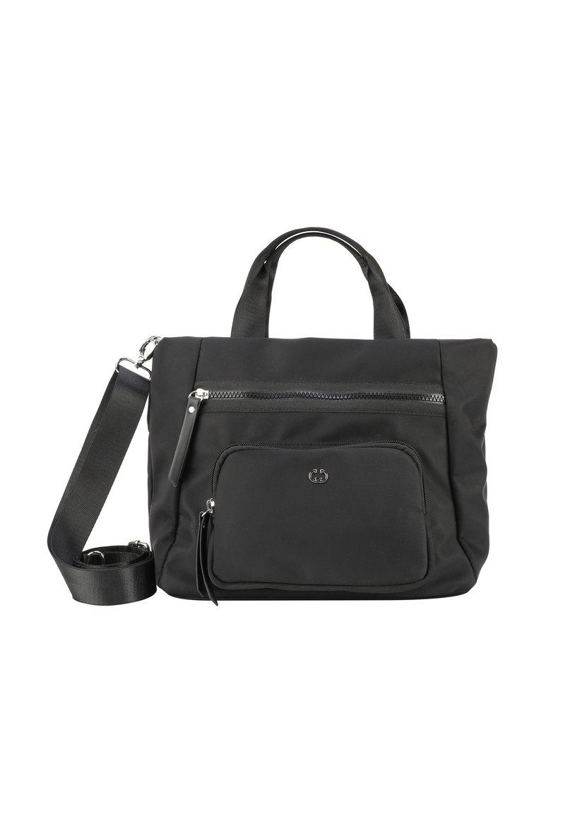Borsa tote in nylon nero con tracolla rimovibile, doppi manici superiori, tasca frontale con zip e dettagli logo discreti. Texture liscia, forma rettangolare.
