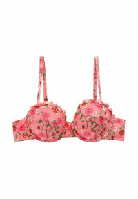 Bralet z rožnatim vzorcem v roza barvi, ki ima nabrane robove, nastavljive naramnice in trak okrašen s jagodami in majhnimi cvetlicami.