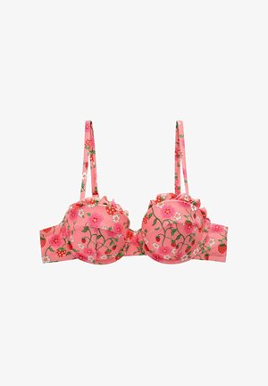 Brah s ružičastim cvjetnim uzorkom s nabranim rubovima, podesivim naramenicama i pojasom ukrašenim jagodama i malim cvjetovima.