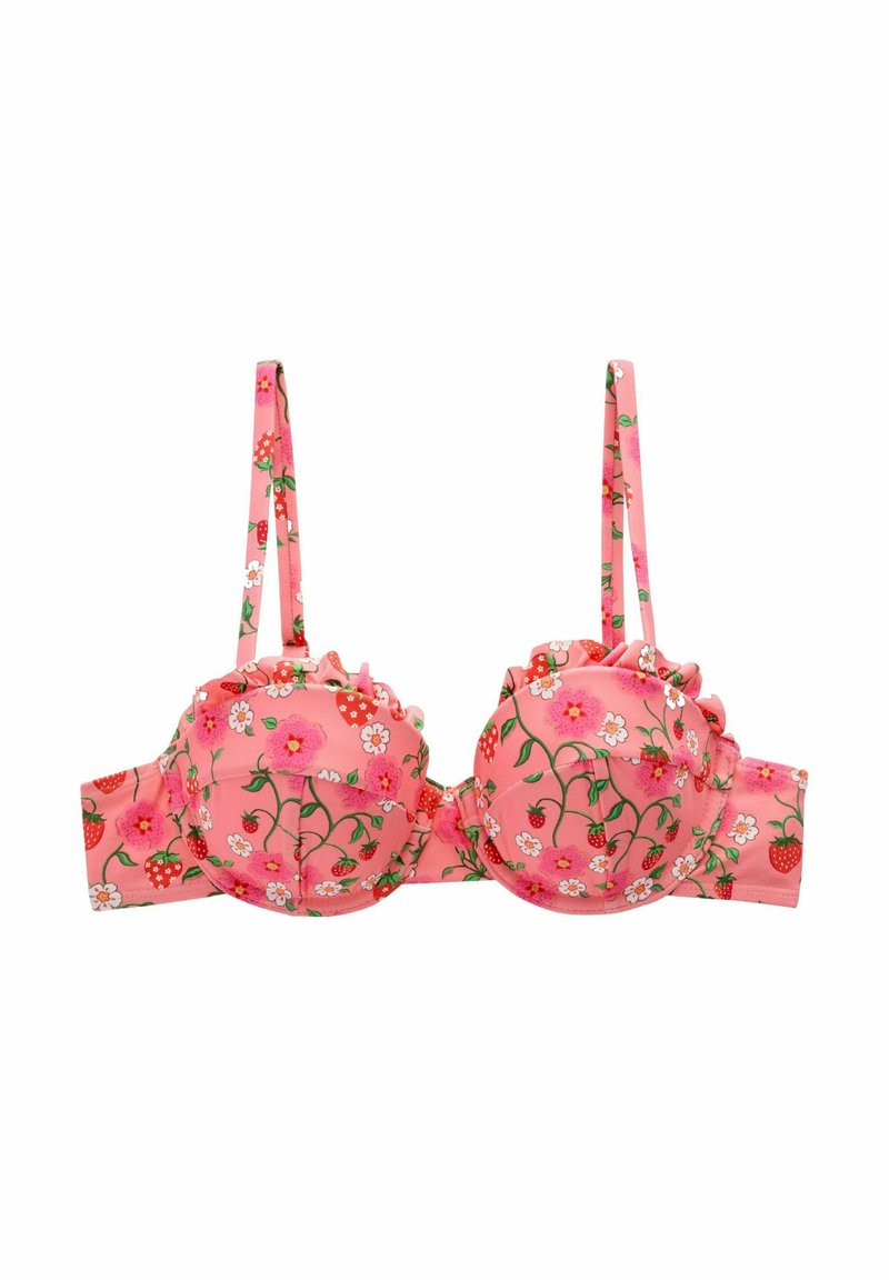Bralet z rožnatim vzorcem v roza barvi, ki ima nabrane robove, nastavljive naramnice in trak okrašen s jagodami in majhnimi cvetlicami.