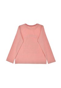 Langarmhemd in hellem Korallenrot mit horizontalen weißen Streifen, ausgestattet mit einem runden Halsausschnitt und einem weichen Stoff für optimalen Tragekomfort.