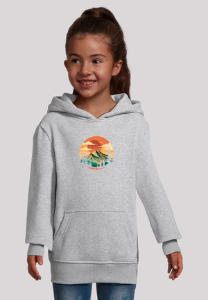Grauer Hoodie mit langen Ärmeln und einer Fronttasche. Enthält eine kreisförmige Grafik einer Bergszene in Orange, Grün und Weiß.