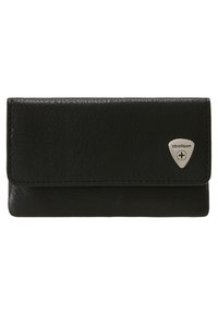 Portefeuille en cuir noir avec une finition texturée. Il est doté d'une plaque logo argentée et d'une fermeture à rabat. Forme rectangulaire compacte avec des coutures visibles.