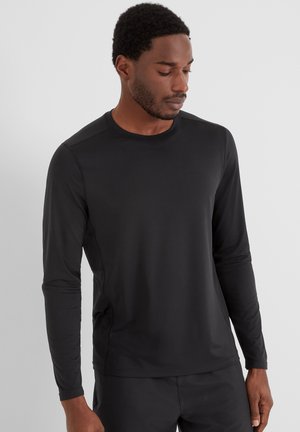Black long-sleeve athletic shirt made of moisture-wicking fabric. Features a round neckline and a fitted design. Smooth texture, no patterns.
