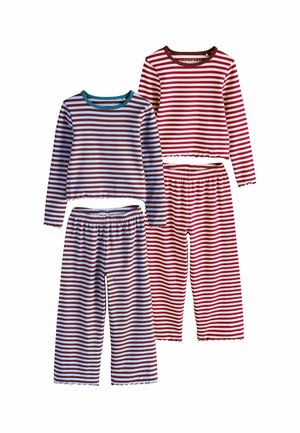 Two sets of long-sleeve striped pajamas with elastic waist pants, one in blue and brown stripes, the other in red and white stripes.