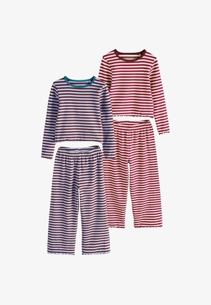 To sæt langærmede pyjamasser med striber og bukser med elastik i taljen, det ene i blå og brune striber, det andet i røde og hvide striber.
