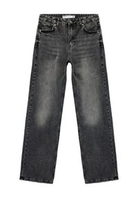 Jeans negros de pierna ancha hechos de denim. Textura desgastada con arrugas en la parte delantera. Con cinco bolsillos y dobladillo sin terminar.
