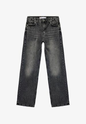 Mustat, leveät farkut denimistä. Haalistunut pinta ja kulutuspinnat edessä. Viisi taskua ja raaka helma.