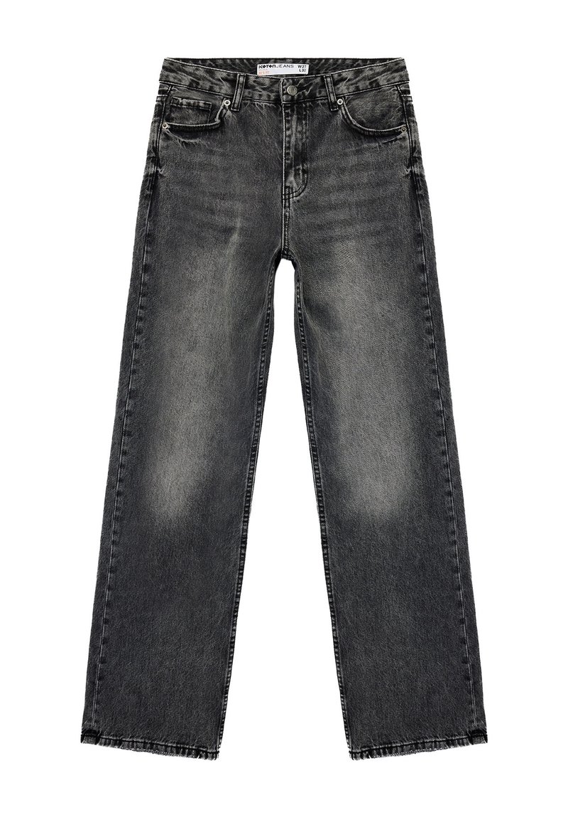 Jeans negros de pierna ancha hechos de denim. Textura desgastada con arrugas en la parte delantera. Con cinco bolsillos y dobladillo sin terminar.