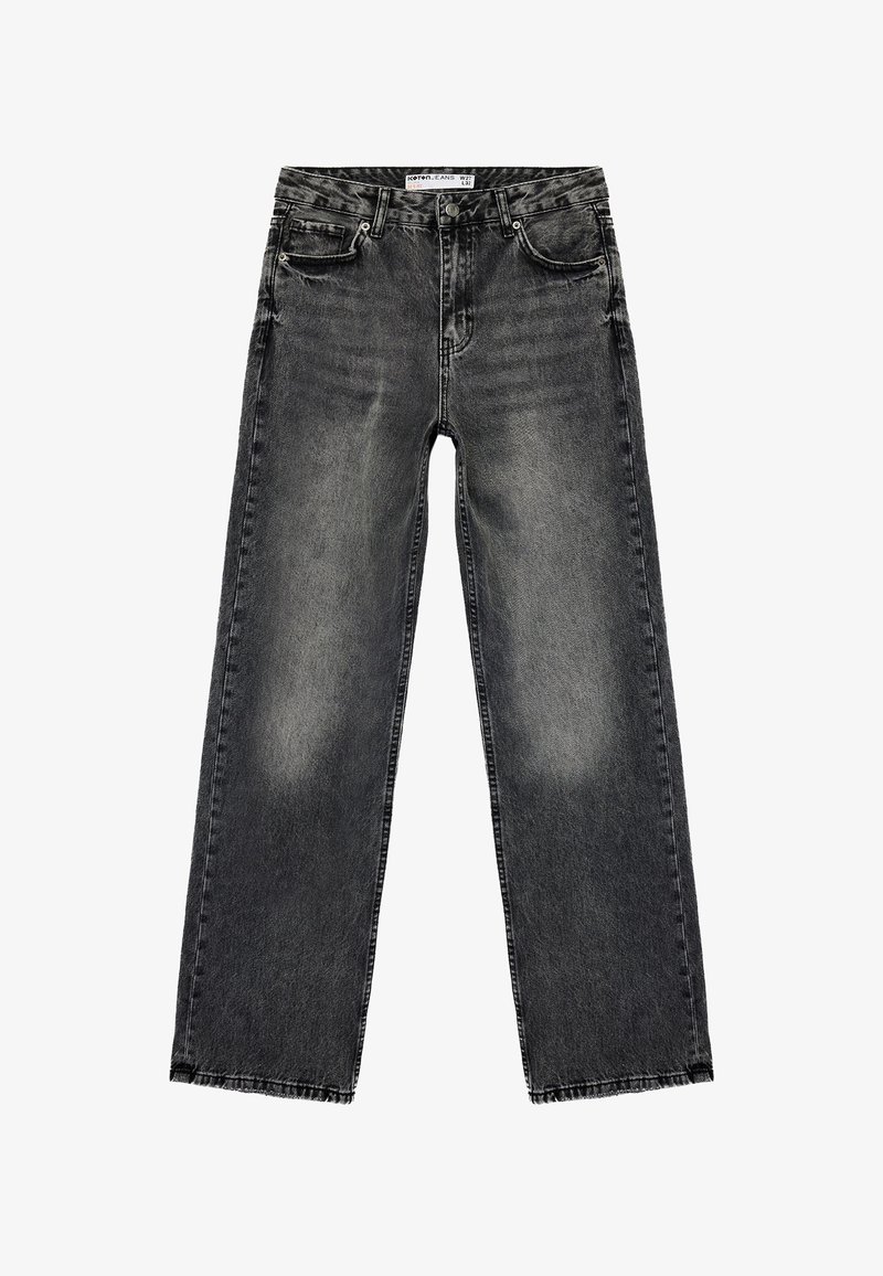 Jeans negros de pierna ancha hechos de denim. Textura desgastada con arrugas en la parte delantera. Con cinco bolsillos y dobladillo sin terminar.