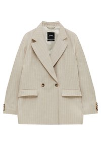 Blazer beige de doble botonadura hecho de una tela texturizada con rayas blancas, con solapas de muesca y acentos de botones dorados.
