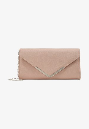 Pink, textured clutch with sparkle finish, a flap closure, and gold-tone metal accent forming a V-shape. Includes a detachable chain strap.