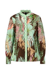 Printed shirt in brown, featuring green and coral floral designs. Structured collar and a green checkered button placket. Long sleeves.