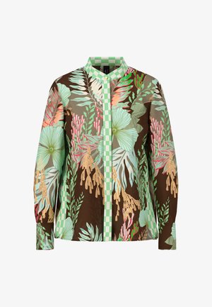 Printed shirt in brown, featuring green and coral floral designs. Structured collar and a green checkered button placket. Long sleeves.