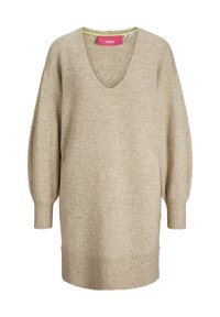 Beige neulepaita, jossa on V-pääntie, löysät hihat ja ribbaushelma. Sisältää rakenteellisia vaihteluita ja kontrastivihreän pääntien.