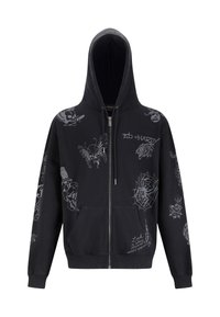 Sort zip-up hættetrøje med grå tatoveringslignende designs, herunder kranier, edderkoppespider, tiger, sommerfugl og "Ed Hardy" tekst, frontlommer og snore.