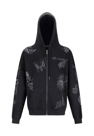 Felpa nera con zip, decorata con design in stile tatuaggio grigio che includono teschi, ragnatele, tigri, farfalle e testo "Ed Hardy", tasche frontali e corde di regolazione.