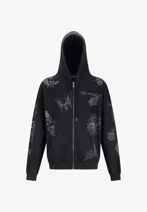 Zwarte zip-up hoodie met grijze tattoo-stijl ontwerpen, waaronder schedels, spinnenwebben, tijgers, vlinders en "Ed Hardy" tekst, met voorzakken en trekkoorden.