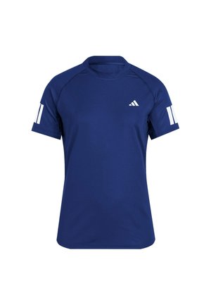 Mörkblå sportt-shirt gjord av slät, ventilerande tyg. Har rund halsringning, korta ärmar och tre vita ränder på vänster ärm.