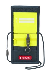 Yellow and navy fabric wallet with a zip pocket, a carabiner, and reflective accents. Features a "Step by Step" logo in red.