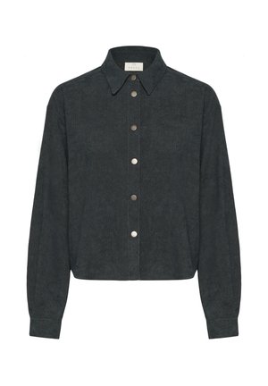 Mørkegrøn kordfløjls skjortejakke med spids krave, lange ærmer og sølvtrykknapper foran. Glat tekstur, cropped design.