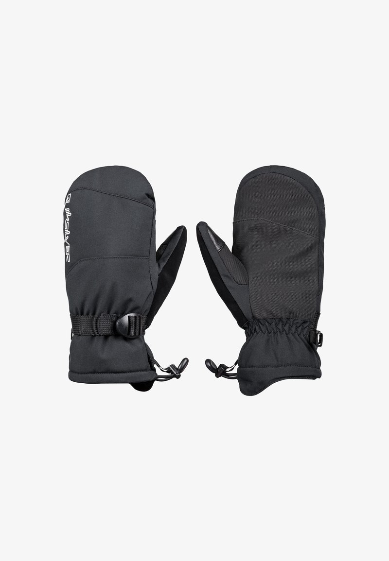 Čierne zateplené rukavice s textúrovaným povrchom, nastaviteľnými zápästnými popruhmi a sťahovacím manžetom pre bezpečné uchytenie.