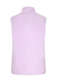 Gilet in pile viola chiaro con colletto alto, design senza maniche, texture liscia e senza chiusure visibili. Estetica semplice e minimalista.
