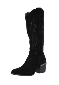 Botas de vaquero de ante negro con punta afilada, costuras decorativas y acentos de rhinestones en el caña. Tacón cuadrado grueso para estabilidad.