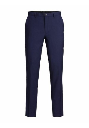 Pantaloni blu navy realizzati in tessuto liscio, caratterizzati da un design sartoriale, vestibilità slim e una chiusura con bottone in vita per un fissaggio sicuro.