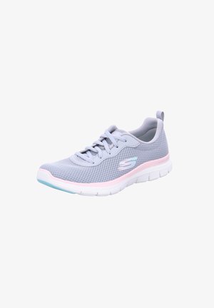 Light gray athletic shoe made of mesh material, featuring pink accents, a secure lace design, and a white rubber sole with textured tread.