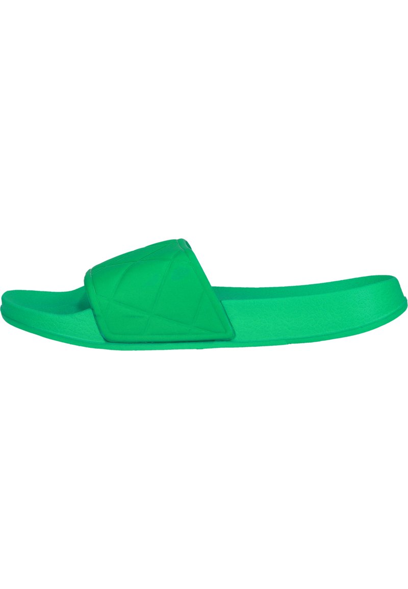 Groene schuif sandaal gemaakt van glad rubber. Beschikt over een brede band met een geometrisch patroon en een gestructureerde zool voor grip.