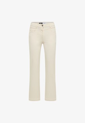 Pantaloni da donna color crema a gamba dritta con tasche frontali, passanti per cintura, chiusura con bottone e cerniera.