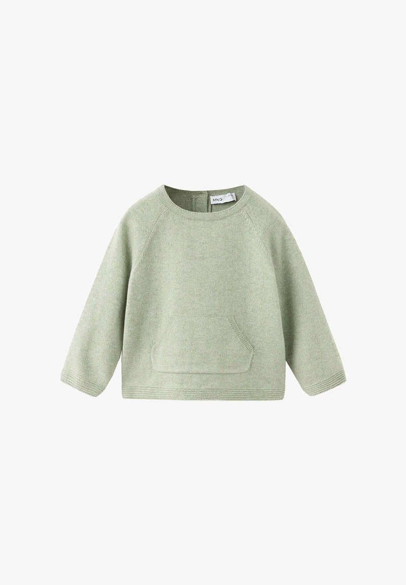 Pull en maille vert clair à manches longues, poche kangourou devant et col rond sur fond blanc.