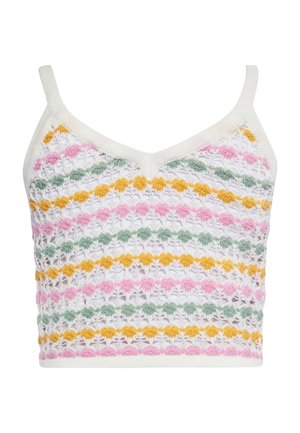 Häkeltop mit V-Ausschnitt, dünnen Trägern und einem mehrfarbigen Muster in Pink, Grün und Gelb auf weißem Hintergrund.