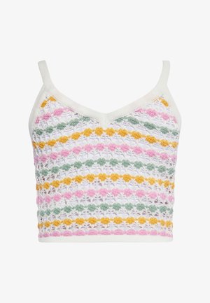 Horgolt cropped top, V-dekoltázzsal, vékony pántokkal, több színű mintával rózsaszín, zöld és sárga árnyalatokban, fehér háttéren.