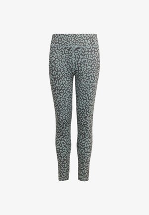 Szare legginsy z wyrazistym, turkusowym wzorem w cętki lamparta. Wykonane z elastycznego materiału z wysokim stanem, zaprojektowane dla komfortu i elastyczności.