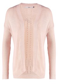 Pull tricoté rose clair à manches longues avec un motif vertical en dentelle ajourée au centre devant.