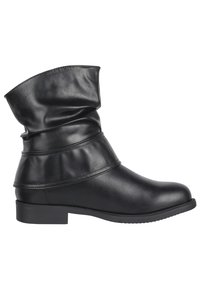 Botas de tobillo de imitación cuero negro con parte superior arrugada, punta redonda y tacón bajo. Presentan detalles de costura y una textura suave.